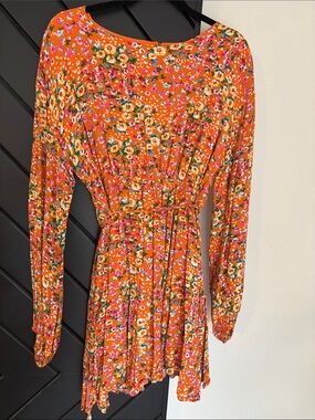 Floral Long-Sleeve Mini Dress - orange Floral